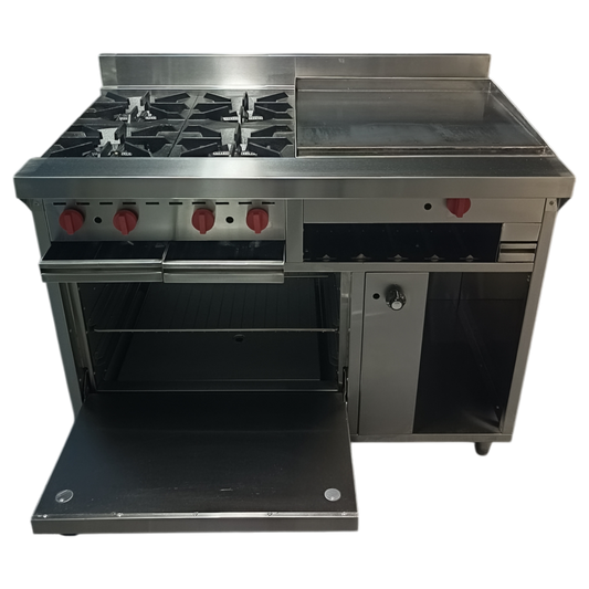 Cocina a gas 4 Hornillas, Plancha Gratinador y Horno con Termostato de Seguridad