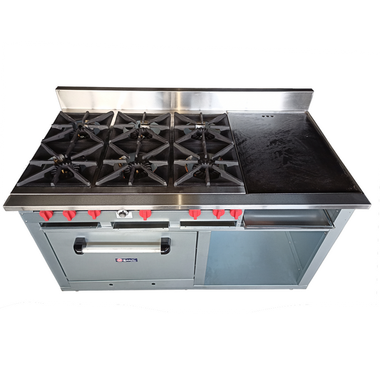 Cocina a gas 6 Hornillas Hondas, Plancha Gratinador y Horno