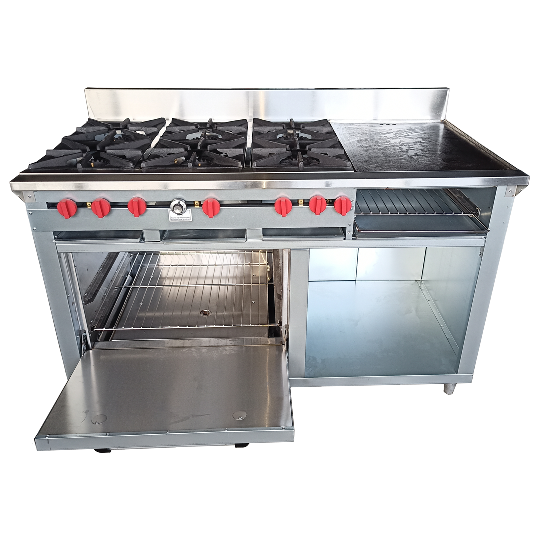Cocina a gas 6 Hornillas Hondas, Plancha Gratinador y Horno