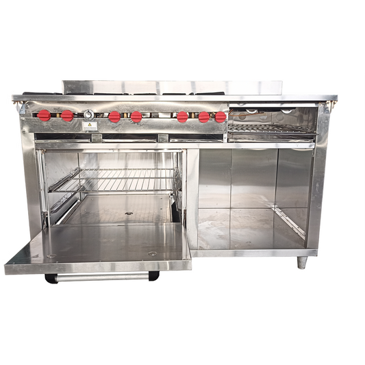 Cocina a gas 6 Hornillas Hondas, Plancha Gratinador y Horno