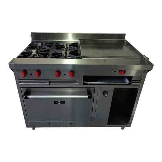 Cocina a gas 6 Hornillas Hondas, Plancha Gratinador y Horno – Metal Supreme