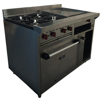 Cocina a gas 4 Hornillas, Plancha Gratinador y Horno con Termostato de Seguridad