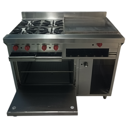 Cocina a gas 4 Hornillas, Plancha Gratinador y Horno con Termostato de Seguridad