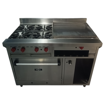 Cocina a gas 4 Hornillas, Plancha Gratinador y Horno con Termostato de Seguridad