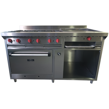 Cocina a gas 6 Hornillas Hondas, Plancha Gratinador y Horno