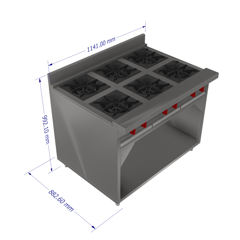 COCINA INDUSTRIAL 6 HORNILLAS AMPLIAS CON GABINETE